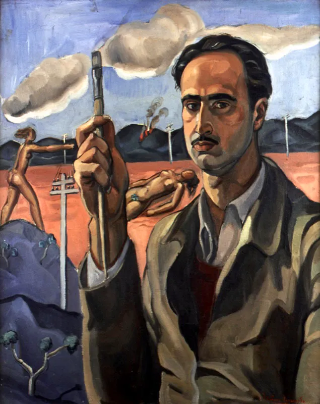 Ignacio Gmez Jaramillo. Autorretrato, ca. 1930. 
leo sobre lienzo, 93 x 78 cm

Ignacio Gmez Jaramillo (Medelln, 1910 - Coveas, 1970) perteneci a la generacin que marca la aparicin del arte moderno en Colombia, en especial a travs de propuestas vinculadas al muralismo mexicano. Aunque Jaramillo tuvo una buena produccin muralista, fue en la pintura de caballete donde realiz sus mejores obras. Por la solidez de los volmenes y la consistencia robusta del color y de la luz, sus pinturas denuncian su admiracin por Czanne. Este autorretrato tiene carcter vanguardista. El brazo del artista, trabajado de manera casi escultrica, ocupa el primer plano de la composicin. En segundo plano aparece Jaramillo mismo, en el dibujo grave y seguro de sus obras. Al fondo, una escena casi surrealista. Es significativo que Jaramillo no se presente pintando, aunque s sostenga un pincel en la mano, como si fuera un atributo. Aqu Jaramillo no slo se define como pintor sino que hace de la pintura un factor activo y crucial en su determinacin como individuo.  