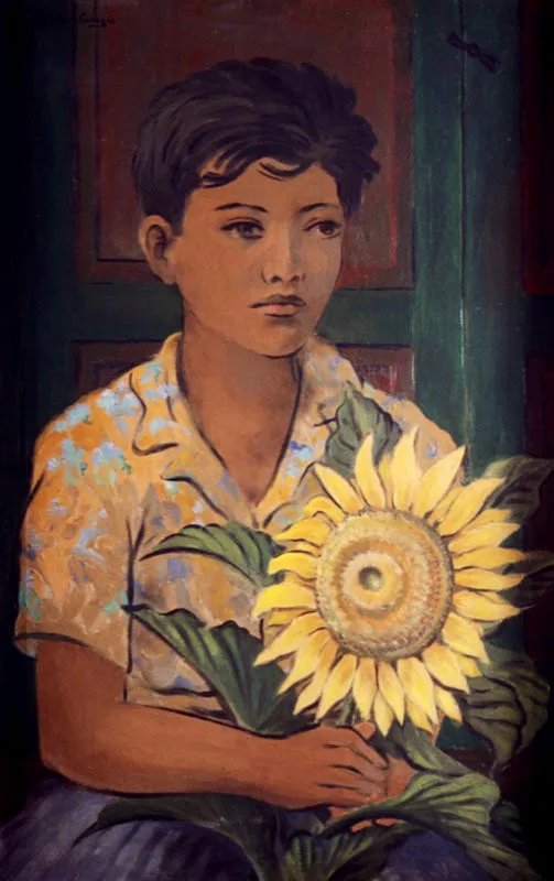 Gonzalo Ariza. Muchacho del girasol, ca. 1955. 
leo sobre lienzo, 93 x 58,5 cm

Esta obra corresponde a un primer perodo de Gonzalo Ariza, (Bogot, 1912 - Bogot, 1995) cuando el artista se acerc a la vanguardia latinoamericana de la primera mitad del  siglo xx, a travs del muralismo mexicano. En Muchacho del girasol, se concentra en los elementos de la composicin. El estudio del color es  interesante. Con una gama reducida, obtiene una imagen fuerte y equilibrada. La figura, trabajada sintticamente, se fortalece con la lnea que realza su contorno. Atrae la dulzura del rostro y la sutileza de las manos. Incluso, si se mira bien, parece usar falda y, sobre su brazo derecho, aparece una lnea que podra insinuar un seno. A lo mejor, el joven es una joven. Sin embargo, el protagonista aqu es el girasol. Ms adelante, a raz de su viaje a Japn,  Ariza se distancia de este vanguardismo y acude casi exclusivamente al gnero paisaje, permitiendo la entrada de algunos rasgos orientales, como la composicin vertical y la importancia del espacio vaco para el equilibrio de sus obras. 