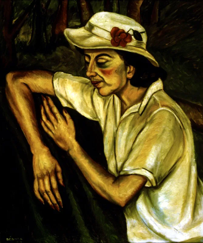 Dbora Arango. La actriz retirada, ca. 1940. 
leo sobre cartn, 83 x 69 cm

Dbora Arango (Medelln, 1907) es una pintora expresionista. Su obra es un caso excepcional. Dotada de una frrea voluntad hipercrtica, compuso desde all y desde su condicin aislada por los prejuicios de su sociedad uno de los captulos ms importantes de la plstica colombiana.  Desde esta perspectiva, independiente y escptica, Arango ha construido un legado de imgenes de inexpresable valor, en las que la historia contempornea de Colombia toma cuerpo. Un cuerpo cuyos contornos ceden ante el mpetu y la visin de esta portentosa mujer.  La posicin de la mujer en esta sociedad, es uno de los ejes de su produccin. En su obra, la mujer no es musa idealizada sino sntoma de las prcticas generalizadas de una sociedad de doble moral y, a la vez, punto de resistencia frente a ese devenir. La actriz retirada posee la fuerza compositiva de las mejores pinturas de Arango: el vigor en el dibujo, la robustez de su paleta y la contundencia en el manejo de cada elemento. 