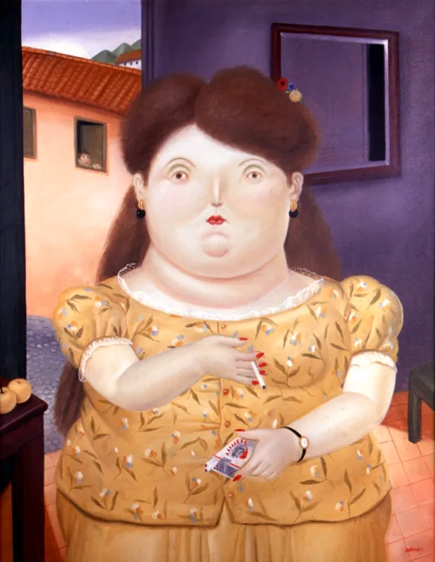 Fernando Botero. La colombiana, 1983. 
leo sobre lienzo, 113 x 88 cm

La obra de Fernando Botero (Bogot, 1932) se ha ido desarrollando en una doble direccin que apunta, de un lado, a la revisin constante de la historia del arte, en especial del Renacimiento italiano y el Barroco espaol, y, de otro, a una mirada incisiva mas no moralizante a la sociedad colombiana.

En el caso de La colombiana es evidente la preponderancia de la segunda. El atuendo de la mujer, su reloj, uas y labios recuerdan un tipo femenino vernculo.  A su vez, el espacio perfila claramente un tiempo y un contexto especficos: la puerta que da a la calle permite ver al chismoso que se asoma enfrente, las calles estrechas, los muros gruesos, las pequeas ventanas, todo contribuye a crear una atmsfera pueblerina. No obstante, el elemento dominante en la composicin es la cajetilla de Pielroja que la mujer sostiene en sus manos, pues estas son el elemento que da movimiento al cuadro, formando una suerte de espiral con su posicin y sus gestos. 