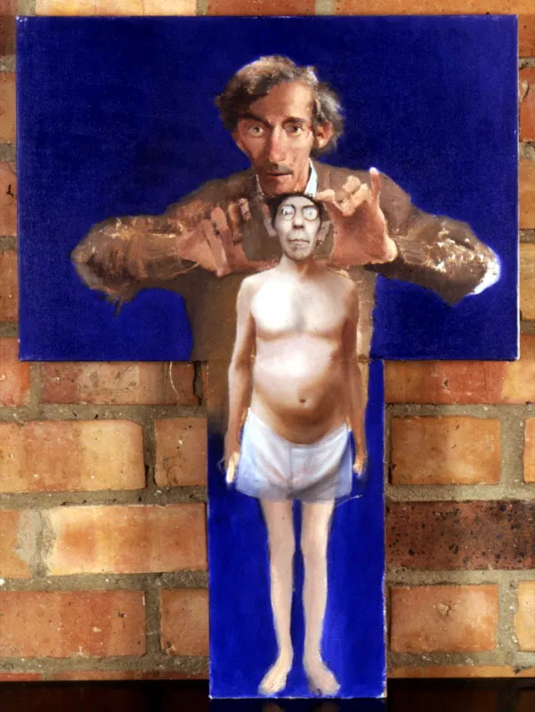 Juan Crdenas. Autorretrato con fondo azul, 2001. 
leo sobre lienzo, 66 x 48 cm 

La pintura de Juan Crdenas (Bogot, 1939) se debate entre el rigor que exige la representacin realista y la flexibilidad con que la imaginacin rebasa los lmites de lo visible. En un primer vistazo, sus pinturas dan la impresin de normalidad, pero al detenernos se advierten esa atmsfera enrarecida y esos sistemas de irregularidades que determinan su acento general. Sin embargo, a travs de su obra, Crdenas presenta, ms que un mundo inventado, una nocin expandida de la realidad en la cual sus aspectos intangibles la mirada del sujeto que la configura resultan visibles, acusando, sobre todo, su realidad como pintura.

El autorretrato es un tema muy trabajado por el artista. En sus mltiples ejecuciones supera el carcter psicolgico y fisonmico para ofrecernos una descripcin de su pensamiento, pensamiento homologable al acto mismo de pintar.  As, al final de cuentas, Juan Crdenas no se halla en la figura del cuadro sino en la pintura. 