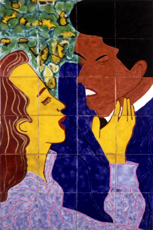 Mara de la Paz Jaramillo. Joan Crawford y John Garfield, 1997. 
Cermica esmaltada, 120 x 80 cm

En perspectiva, las obras de Mara de la Paz Jaramillo (Manizales, 1948) constituyen un ensayo, preciso e irnico, sobre la condicin femenina en nuestra sociedad. Es caracterstico en su obra el uso de un dibujo tieso, en apariencia ingenuo, mezclado con recursos del arte pop que, sin embargo, la artista transgrede mediante la deformacin, la imprecisin y la gestualidad. El uso de imgenes farandulescas, traducidas en composiciones esquemticas y recargadas hacen sus imgenes llamativas. En ellas, tpicos como el amor y la felicidad se expresan de manera saturada, denunciando su desviacin hacia lo ficticio. La atmsfera de sus composiciones es a la vez empalagosa, pattica y dramtica.

En esta imagen, las figuras son demarcadas de manera que, pese a sus gestos, parecen recortadas y pegadas una sobre otra, sin poder tocarse. La ausencia de mirada en los personajes convierte la exposicin en un espacio cerrado, completamente autnomo respecto al espacio real. 