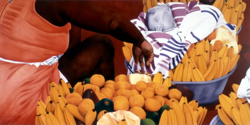 Ana Mercedes Hoyos. Bazurto con olla y mandarinas, 2002. 
leo sobre lienzo, 125 x 250 cm

Ana Mercedes Hoyos (Bogot, 1942) comenz a exponer en los sesenta. La pintura ha sido su medio privilegiado, aunque tambin ha incursionado en la escultura. 

Sus pinturas tempranas estaban pobladas de elementos urbanos, abstraidos de sus connotaciones prcticas para ser representados en la nueva dimensin de su valor plstico. La sntesis contundente de elementos y el uso de colores planos establecen una conexin de sus obras con la esttica pop. En los ltimos aos, su obra se ha ido poblando de personajes y elementos de la costa caribe colombiana, donde la artista ha encontrado valores plsticos que ha resumido en sus imgenes.

En este leo, Hoyos realiza una composicin opulenta al nivel formal y cromtico. En ella, a pesar del modo plano en que son aplicados los colores, los volmenes gozan de una robustez exacerbada que, junto a la magnfica saturacin del colorido, dotan a la imagen de una abultada contundencia. 
 