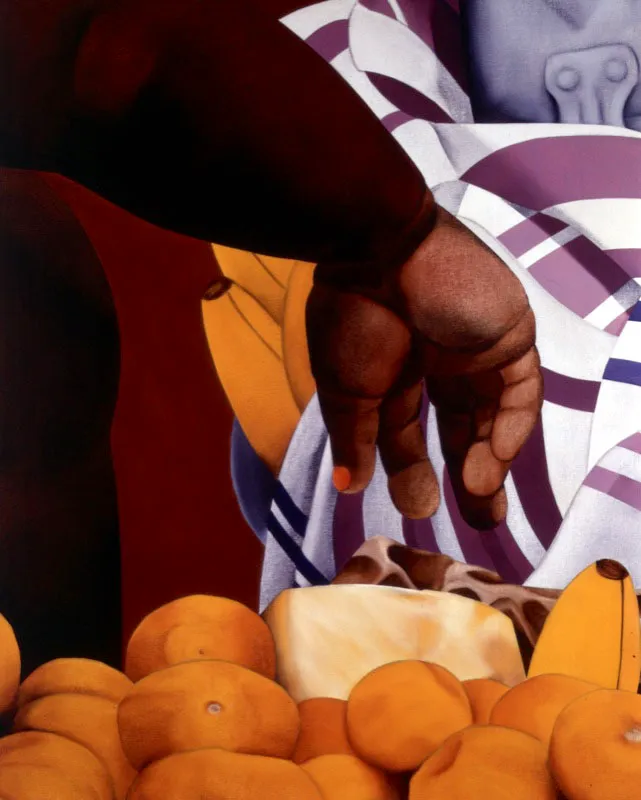 Ana Mercedes Hoyos. Bazurto con olla y mandarinas, 2002. 
leo sobre lienzo, 125 x 250 cm 