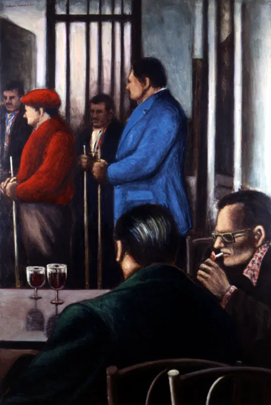 Saturnino Ramrez. Jugadores de pool (vino), 1946. 
leo sobre tela, 194 x 130 cm

Las pinturas de Saturnino Ramrez (El Socorro, 1946-Bucaramanga, 2002) se circunscriben al mundo nocturno de los bares, billares y cafs. 

Sus pinturas son complejas en los niveles cromtico y espacial. En ellas, cada sujeto constituye un punto de tensin, dotndolas de un carcter que se acerca al del lenguaje cinematogrfico; percepcin que se acenta por el tipo de enfoques que emplea, en los que la primera denunciada es la mirada del sujeto. Por supuesto, a travs de esa mirada que se denuncia, el artista se revela como un nuevo punto de tensin dentro de la escena.

El tema del billar, ofrece a Ramrez un contexto en que los sujetos desarrollan un estado a la vez de concentracin y ensimismamiento, de modo que en el espacio pictrico cada sujeto se define como un espacio cerrado que no acaba en su contorno, un espacio que se abre hacia el interior pero se cierra en la superficie.  