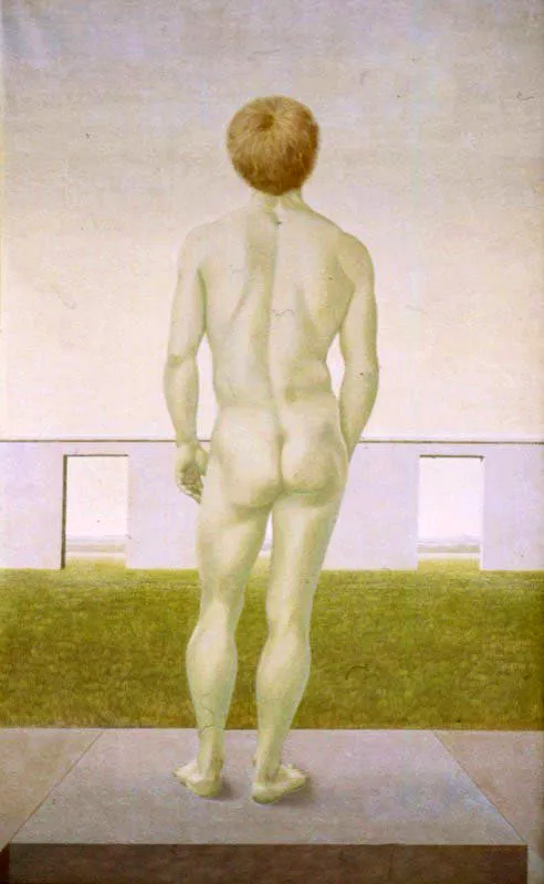 Gregorio Cuartas. Desnudo de espaldas, 1973. 
Acrlico sobre tela, 130 x 81 cm

La pintura de Gregorio Cuartas (San Roque, Antioquia, 1938) ha buscado un valor absoluto que atraviese todos los factores compositivos: el equilibrio. En esta bsqueda el artista ha retomado las lecciones del Renacimiento y se ha acercado tangencialmente a la pintura metafsica de Giorgio de Chirico.
 
En Desnudo de espaldas se resume el estilo de este artista. El espacio apenas se enuncia con la presencia de una lnea en el horizonte que abre el cuadro hacia una dimensin ilimitada. Los colores clidos se atemperan por su baja densidad; no hay contrastes, solo una luz cegadora y omnipresente, etrea y difusa. El orden ortogonal de la composicin no es quebrantado por el movimiento del cuerpo, casi imperceptible; el lmite entre el espacio y la materia se desdibuja por la levedad de los cuerpos y, sin embargo, el silencio que se cierra en la imagen, nos es vedado al tiempo con la mirada del hombre.  