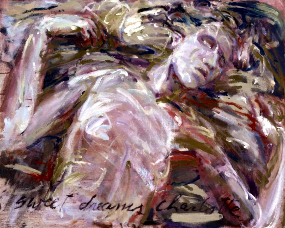 Vicky Neumann. Dulces sueos Charlotte, 1987. 
leo sobre lienzo, 65 x 81 cm

Despus de experimentar con una pintura ligada al expresionismo abstracto, Vicky Neumann (Barranquilla, 1963) retorn a la figuracin, sin olvidar jams aquel aprendizaje. De ah la espontaneidad desbordante de sus obras, conformadas con total libertad de nociones compositivas cerradas y polares como verticalidad/horizontalidad, fondo/figura, forma/materia, opacidad/transparencia. Neumann aborda la creacin pictrica con la misma horizontalidad y corporeidad con que lo haran Tapies o Pollok, sin negarse a dejar aparecer referencias figurativas. Por eso, en sus pinturas color, forma, materia hacen parte de una misma categora. Estos elementos devienen en un medio expresivo unificado que se expande orgnicamente por todo el plano pictrico y son, a la vez, huella y prtesis; de modo que al enfrentarnos a su pintura, no slo estamos frente a su mirada sino que somos interpelados, en cierto modo, por su cuerpo franco y vital. 