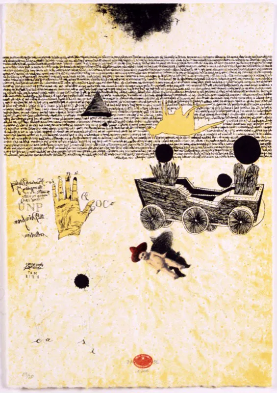 Jos Antonio Surez Londoo. Sin ttulo, 2000. 
Litografa sobre piedra, 38 x 26 cm

La obra de Jos Antonio Surez Londoo (Medelln, 1955) se extiende de manera paulatina, con la sencillez del gesto de quien da un paso ms mientras camina. 

Sus dibujos y estampas parecen surgir como por encantamiento. Ah, en el lugar donde la mirada se queda suspendida, se iniciar el desplazamiento que acabar en un nuevo territorio, sobre el papel. De este modo, Surez va escribiendo, sin mayores pretensiones, con la paciencia y el preciosismo que implica la labor del calgrafo, un diario de la mirada, un diario que contiene en su extensa dimensin la imagen de un mundo transpuesto por la percepcin y voluntad creativa de un sujeto. As, cada imagen realizada por Jos Antonio Surez posee la espontaneidad y sencillez del boceto, as como la complejidad y riqueza de una obra que solo encuentra su final en la siguiente, y en la siguiente. 