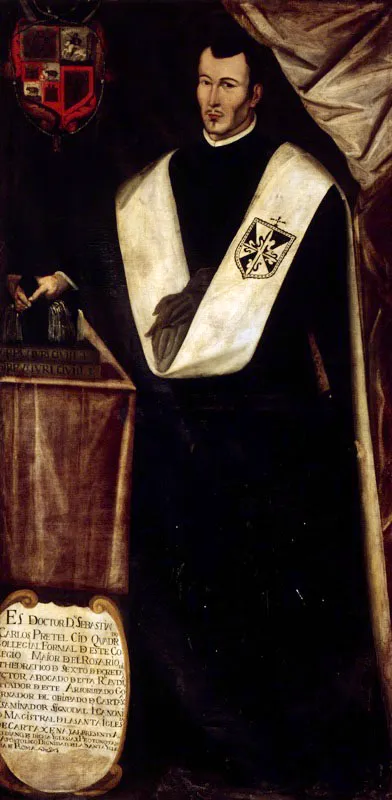 Rector Sebastin Carlos Prettel y Cid Cuadrado. 
(1697). 
leo sobre tela, 198,5 x 100,5 cm, finales del siglo xvii. 
Autor desconocido 