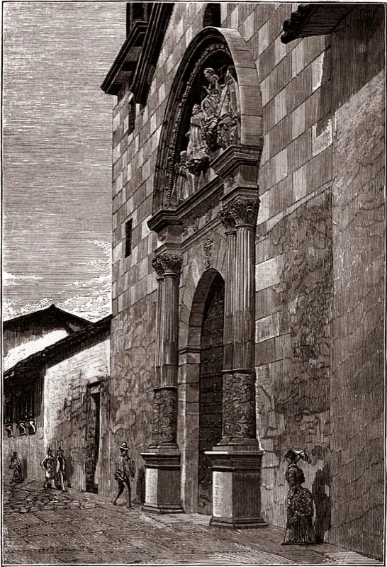 Fachada de la capilla. Grabado de Flórez, en Papel periódico ilustrado. Hacia 1883.
