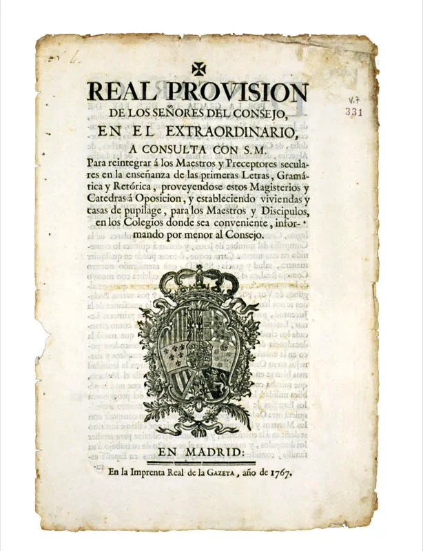 Resolución del rey Carlos III de España, impresa en la Imprenta Real de la Gazeta, 5 de octubre de 1767.
