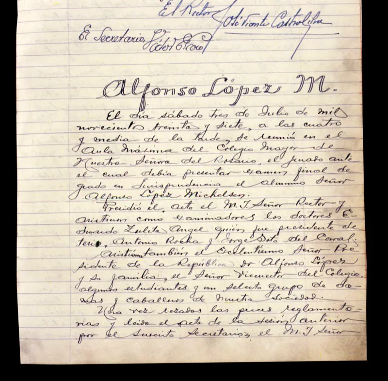 Documento rosarista del  ex-presidente Alfonso Lpez Michelsen. 