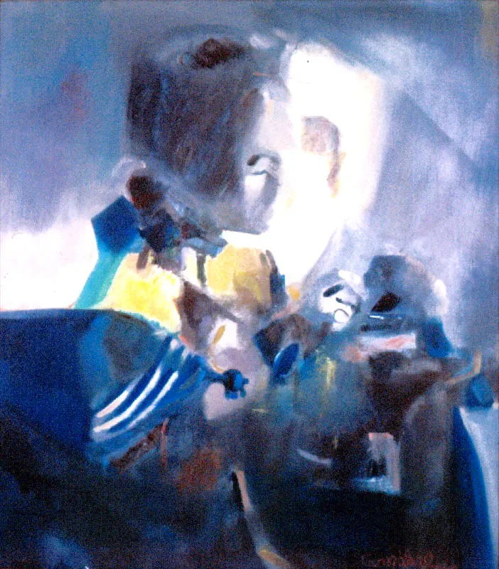 Encajera.
1963.
Óleo sobre lienzo.
100 x 70 cm.
Colección particular, Bucaramanga.