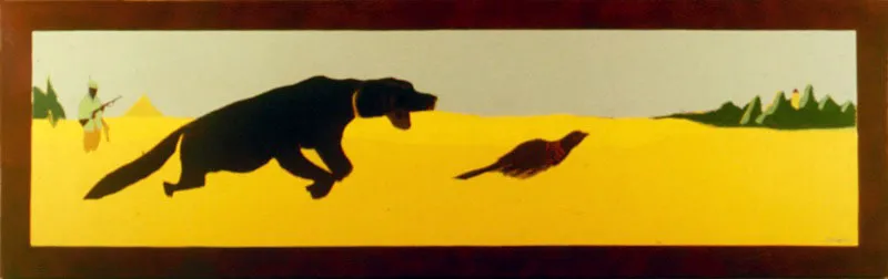 La caza in situ.
1976.
Esmalte sobre lámina de metal.
50 x 220 cm.
Colección particular, Medellín.