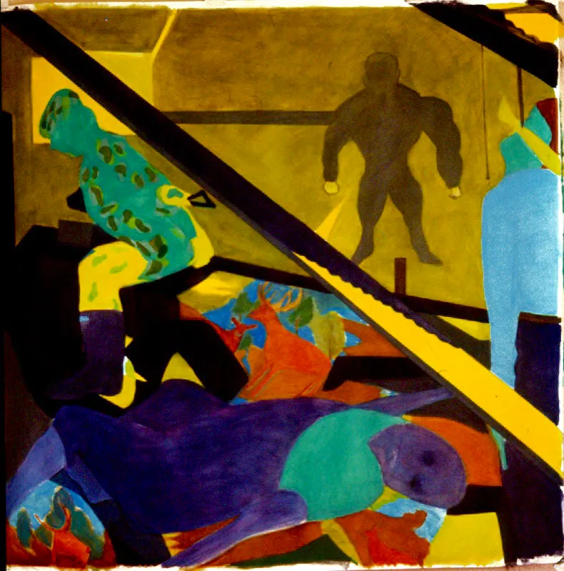 Apocalipsis camuflado.
1989.
Óleo sobre papel.
150 x 150 cm.
Colección particular, Bogotá.