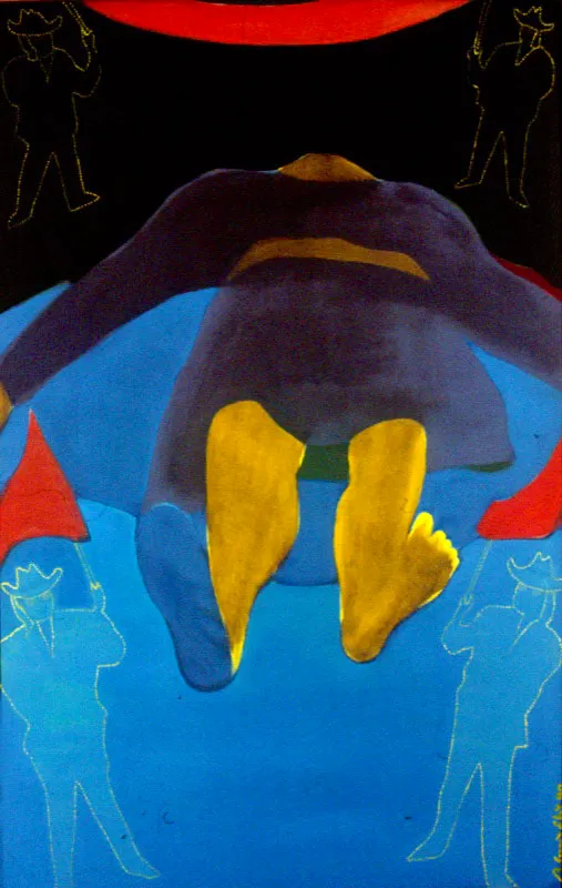 Pancarta mortal.
1990.
Óleo sobre tela.
125 x 80 cm.
Colección particular, Bogotá.