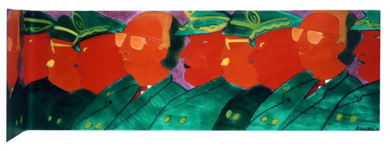 Los papagayos.
1986.
Óleo sobre papel.
75 x 1200 cm.
Colección particular, Bogotá.