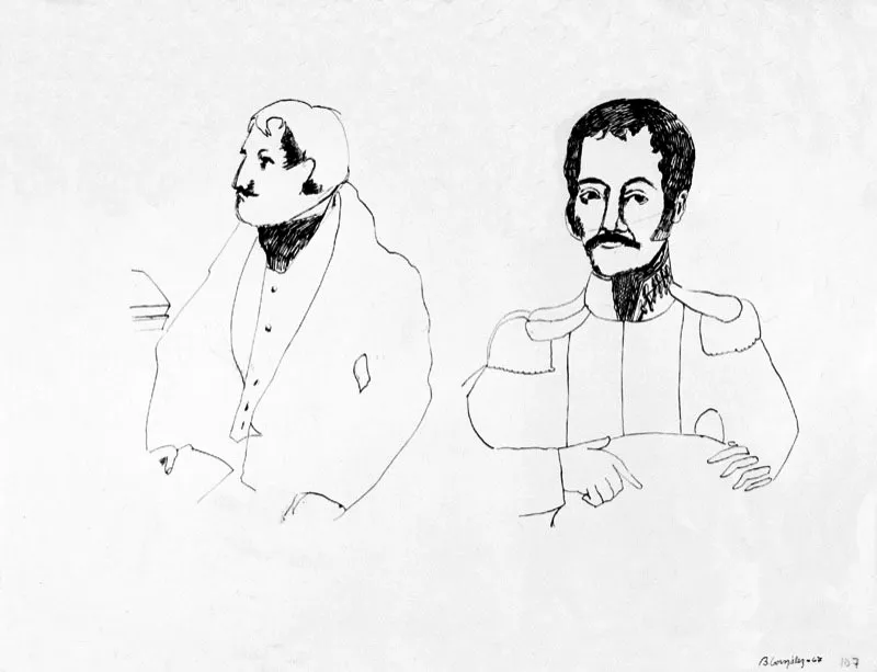 Bocetos para la historia extensa.
1968.
Tinta sobre papel.
24 x 34 cm.
Colección particular, Bogotá.