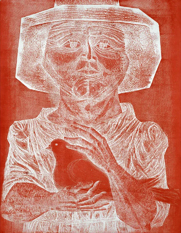 Aníbal Gil / La paloma / 1971 / Aguafuerte. Placa de zinc y tres variaciones en color sobre papel / 65 x 50 cm / Adquiridas en 1973