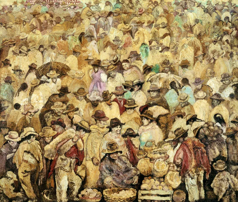 Sophi Delliquadri  / Mercado en Sogamoso / 1970 / leo sobre yute / 122 x 142 cm / Adquirida en 1973 