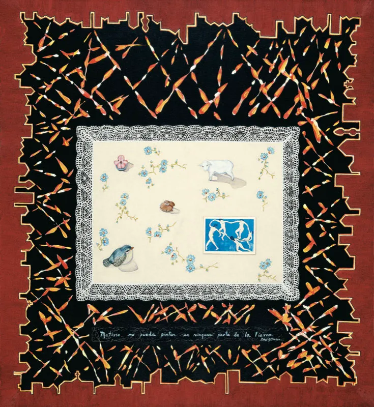 Ethel Gilmour / Matisse no puede pintar en ninguna parte de la Tierra / 1991 / leo y collage sobre lienzo / 120 x 120 cm / Adquirida en 1992 