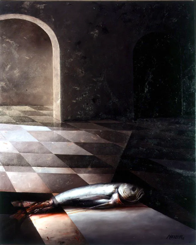 Un pez en mi estancia II / 2001 / Óleo sobre lienzo / 160 x 130 cm / Colección particular