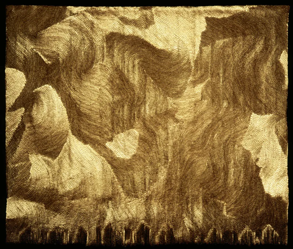Olga de Amaral, Orión Umbra 44 (detalle), 2004, lino, gesso y hojilla de oro. 70 x 300 cm. Casa de Nariño. Bogotá.
