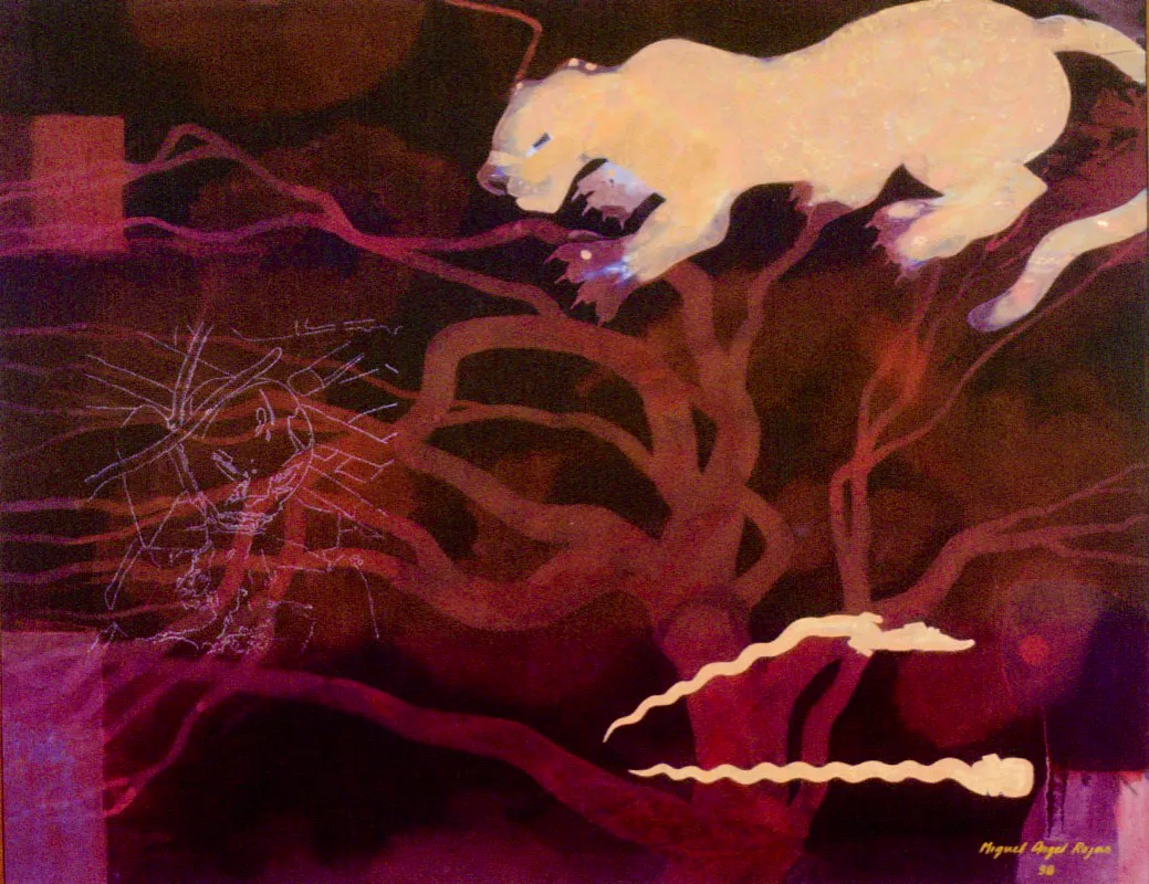 Miguel Ángel Rojas, Jaguar (detalle), 1999, óleo y laminilla de oro sobre lienzo. 140 x 175 cm.