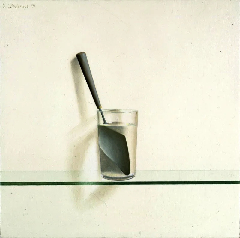 Vaso y espátula.
1991.
Óleo sobre lino.
40 x 40 cm.