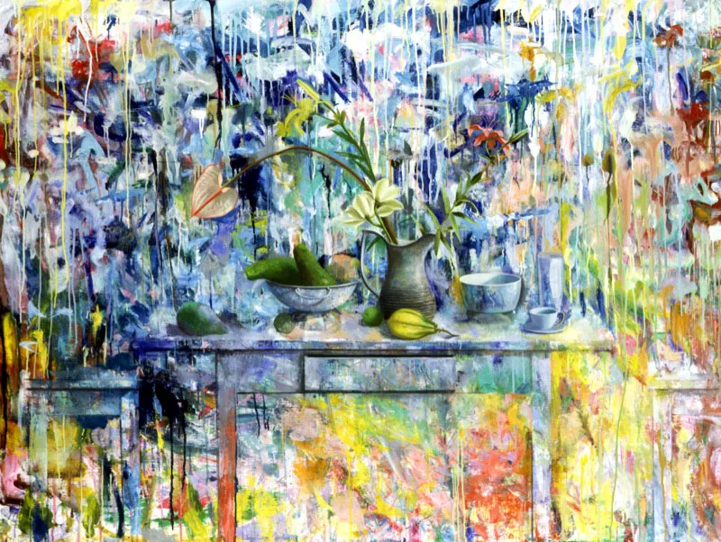 Mesa y dos sillas.
1995.
Óleo sobre lino.
127 x 172 cm.