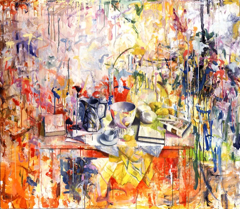 Libros, maracas y frutas.
1996.
Óleo sobre lienzo.
131 x 151 cm.