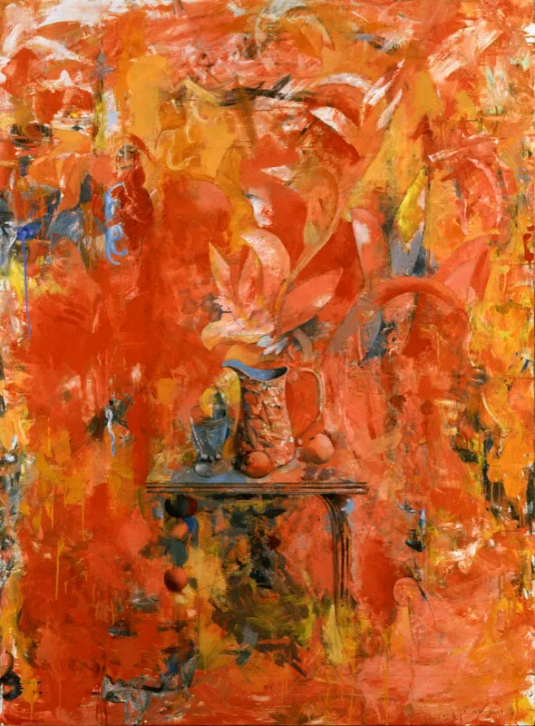Bodegón rojo con copa azul.
1996.
Óleo sobre lino.
172 x 127 cm.