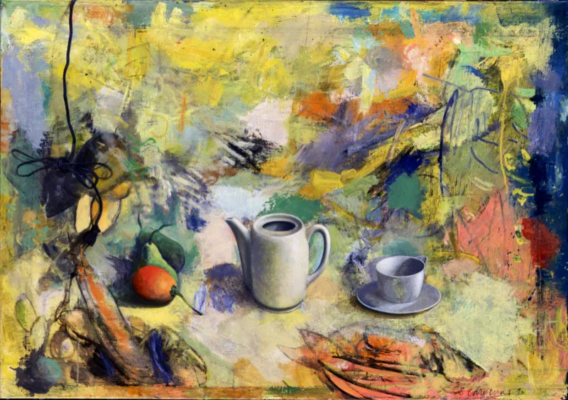 Bodegón con frutas y cable.
1996.
Óleo sobre lienzo.
70 x 100 cm.