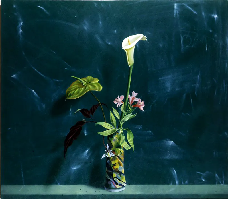 Pizarra con flores.
2002.
Óleo sobre lienzo.
86,3 x 96,5 cm.