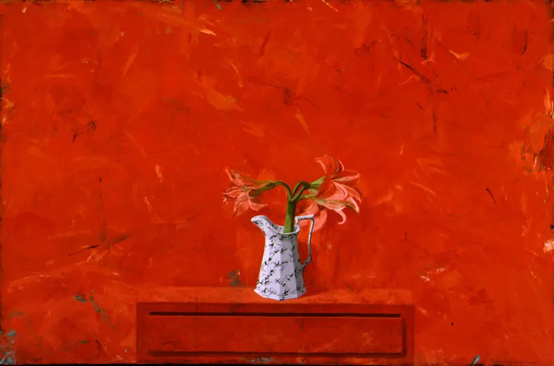 Amarilis sobre rojo.
1993.
Óleo sobre lino.
56 x 130 cm.