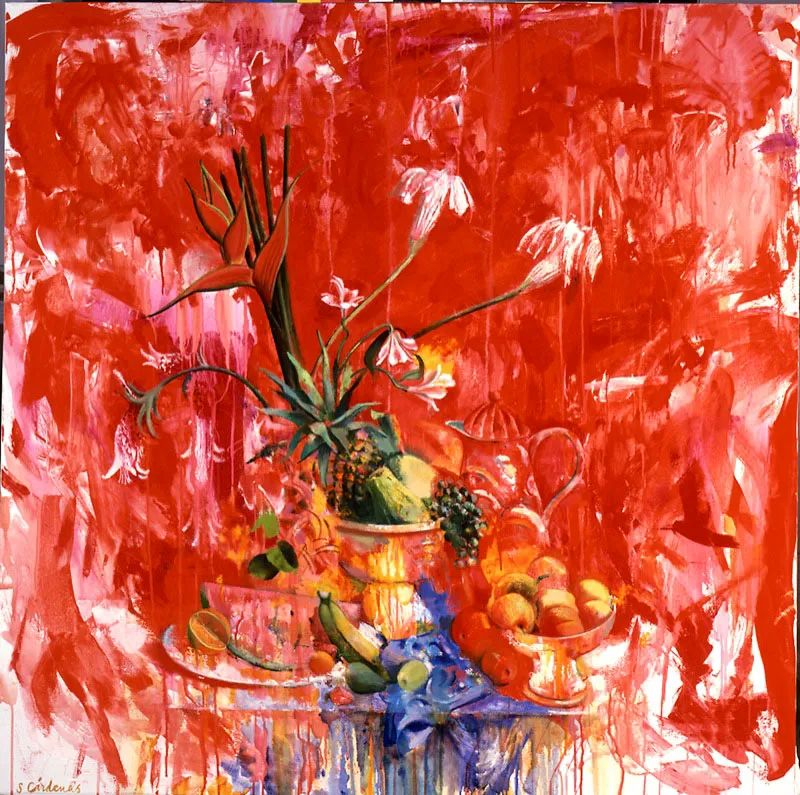 Rojo con mantel azul.
2000.
Óleo sobre lienzo.
130 x 130 cm.