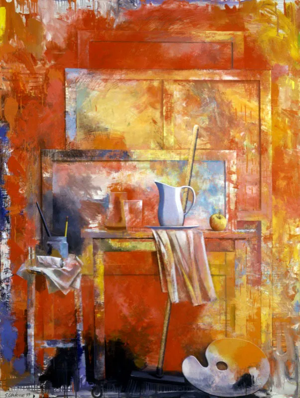Bastidores y manzana.
1999.
Óleo sobre lino.
172 x 127 cm.