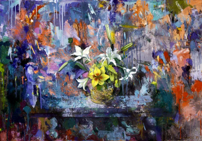 Canasta con flores.
1998.
Óleo sobre lino.
70 x 100 cm .