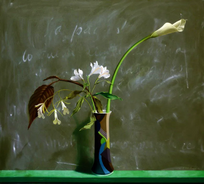 Pizarra verde con florero moderno.
1998.
Óleo sobre lino.
86 x 96,4 cm.