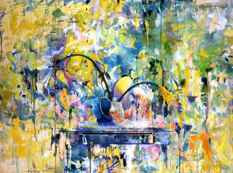 Cartucho con jarra y paleta.
1998.
Óleo sobre lino.
127 x 172 cm.