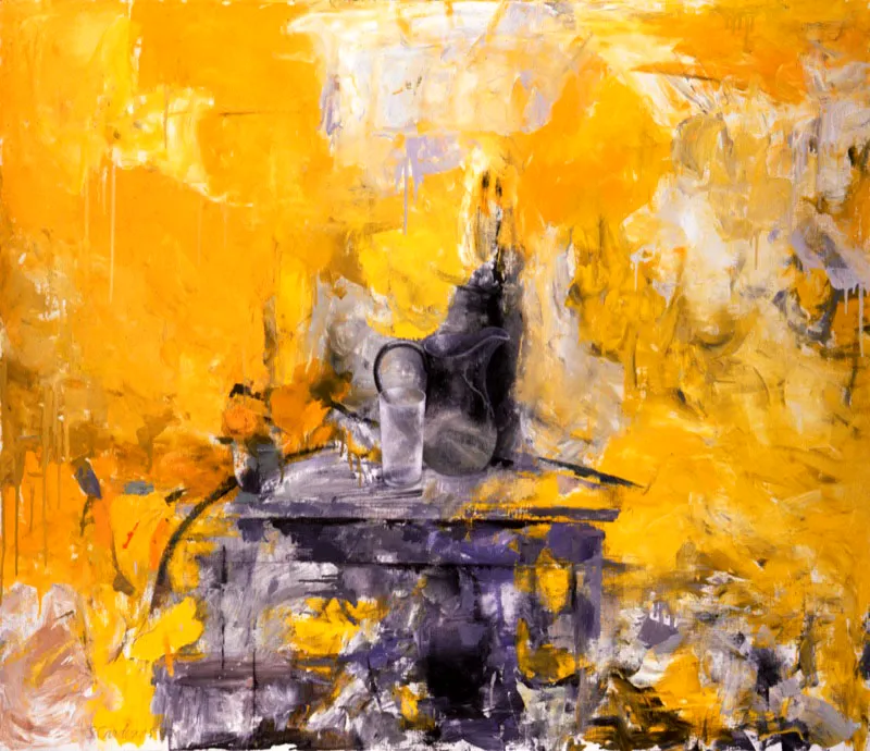 Flores amarillas con jarra negra.
1997.
Óleo sobre lino.
112 x 130 cm.