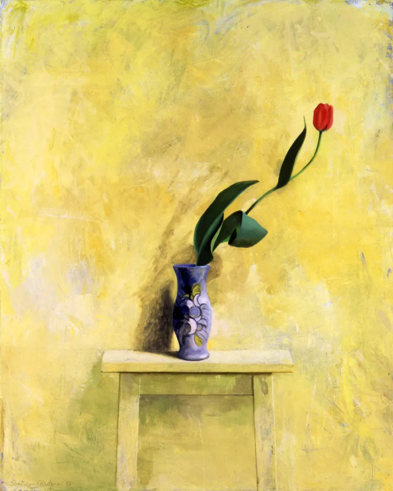 Tulipán sobre amarillo.
1993.
Óleo sobre lienzo.
100,2 x 50 cm.