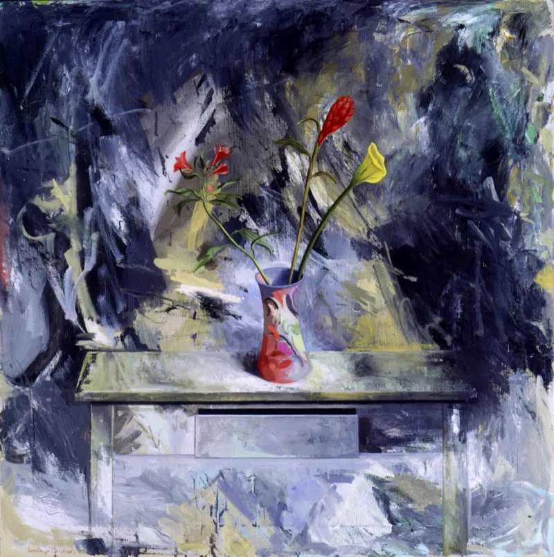 Florero con tres flores.
1993.
Óleo sobre lino.
112,5 x 112,5 cm.