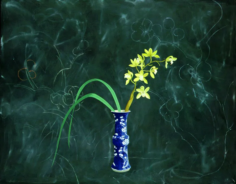 Jarrón chino y orquídeas.
1992.
Óleo sobre lienzo.
102 x 130 cm.