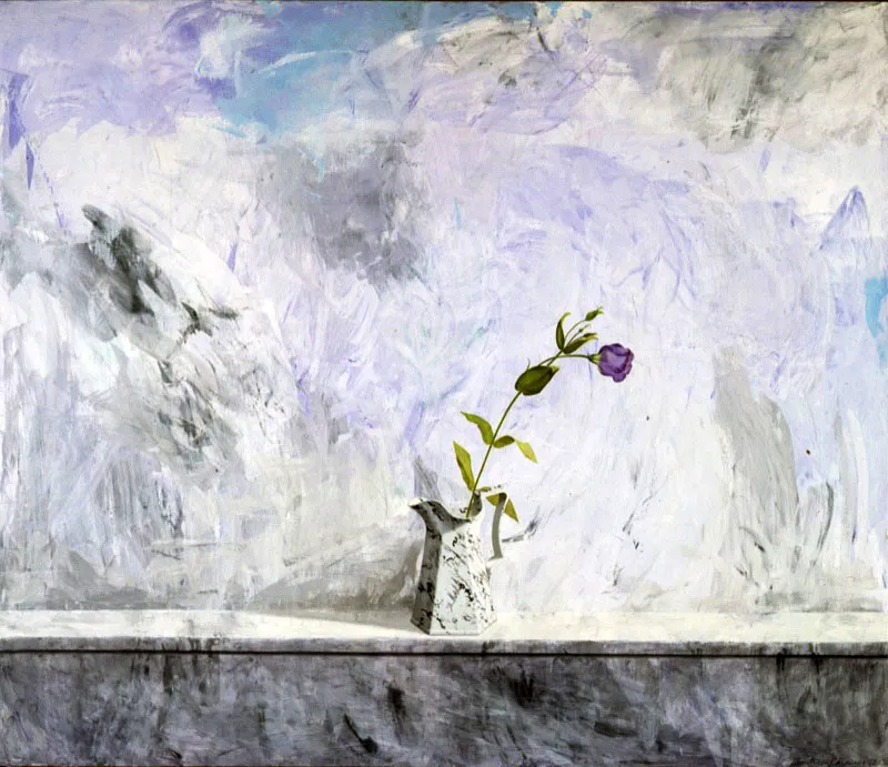 Jarra y lisiantos.
1992.
Óleo sobre lino.
112 x 130 cm.