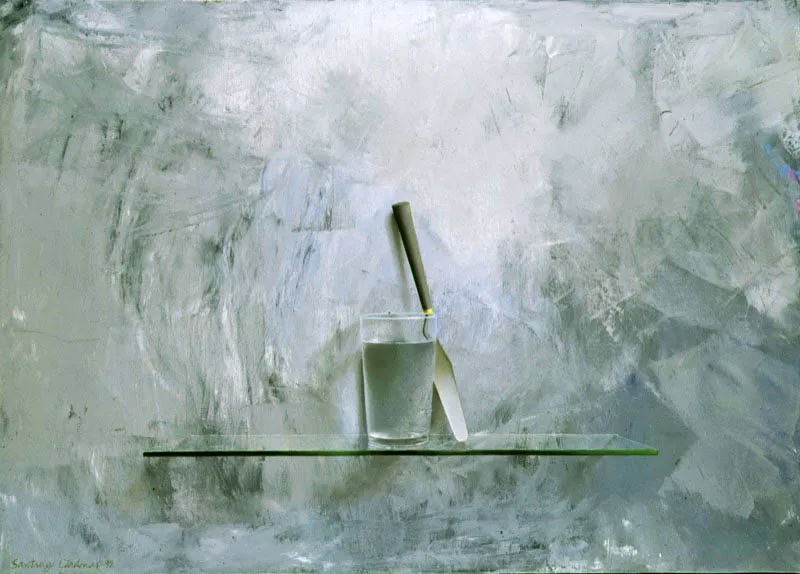 Vaso y espátula.
1992.
Óleo sobre lienzo.
50 x 70 cm.
