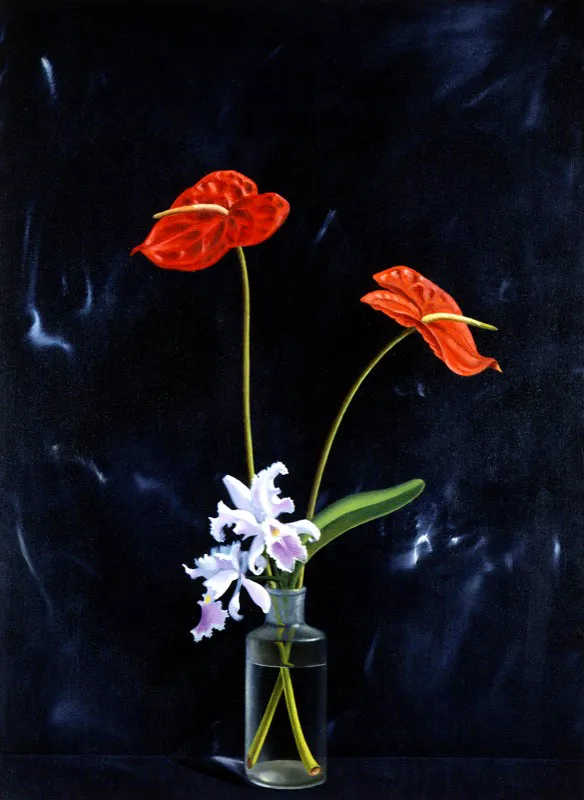 Dos anturios rojos y orquídeas.
2003.
Óleo sobre lienzo.
76 x 56 cm.