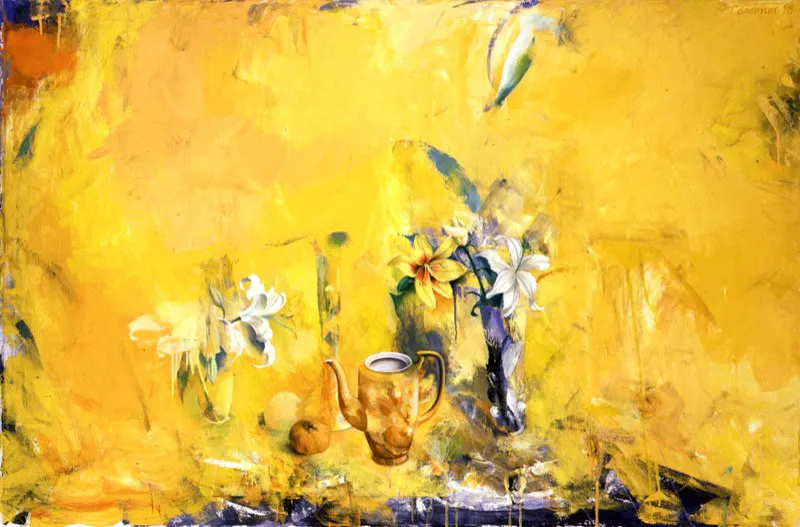 Amarillo con mandarina. 
1998. 
leo sobre lienzo. 
86,5 x 130,5 cm.  