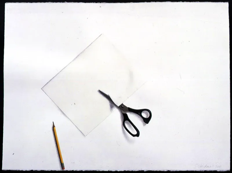 Blanco sobre blanco, tijeras y lápiz.
2003.
Dibujo, técnica mixta.
56 x 75 cm.