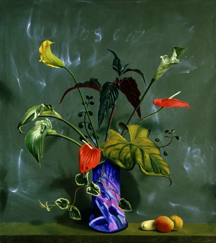 Florero azul con tres frutas.
2001.
Óleo sobre lienzo.
96,5 x 86,3 cm.
